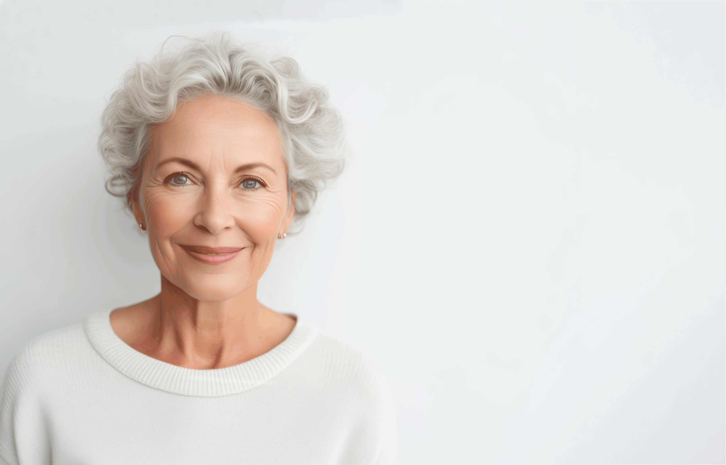A smiling woman is standing in front of a white wall.