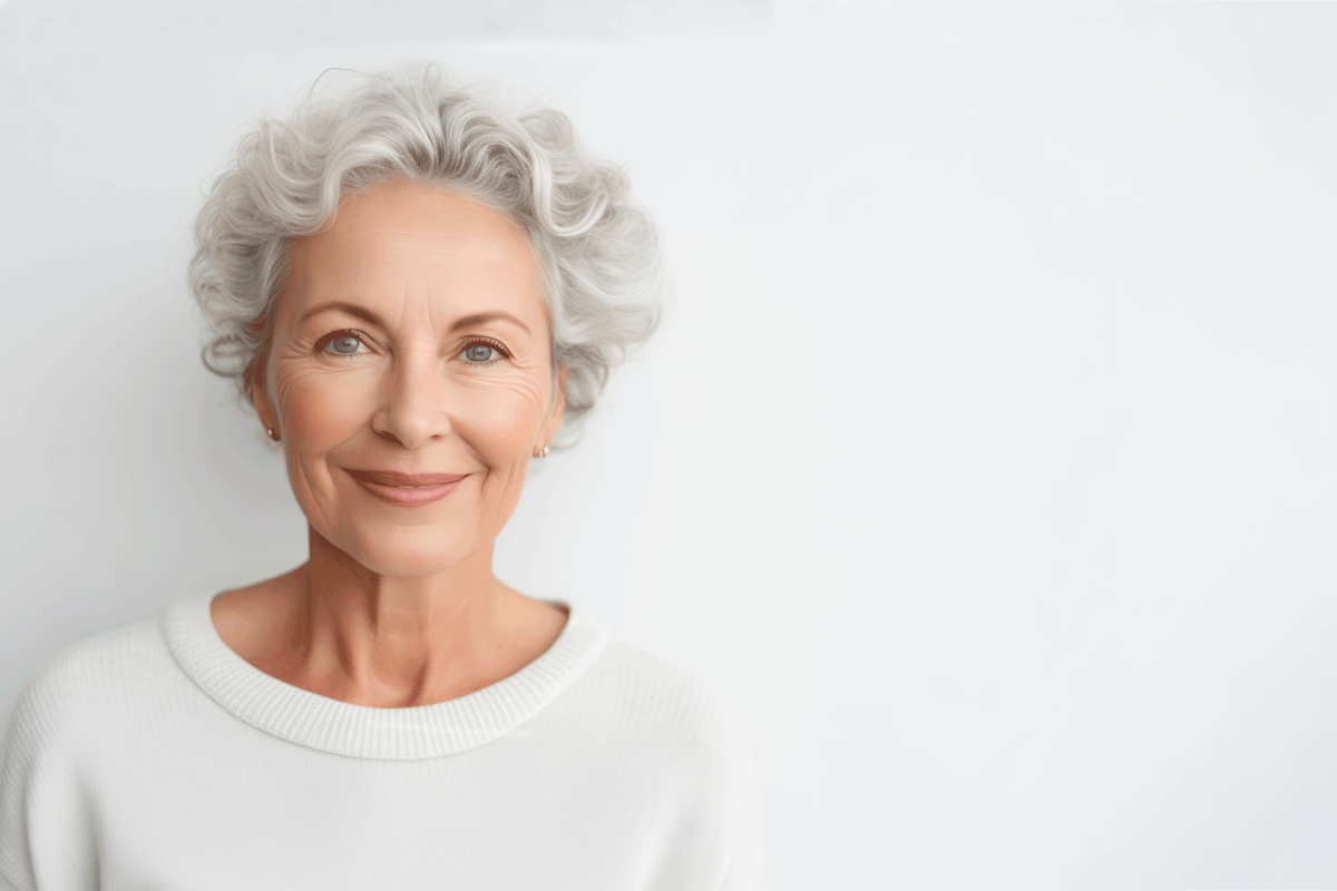 A smiling woman is standing in front of a white wall.